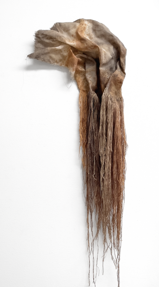 'Earth' (Alder cone ink, iron water, spruce ink on chiffon, threads), 70 x 25 x 8 cm
