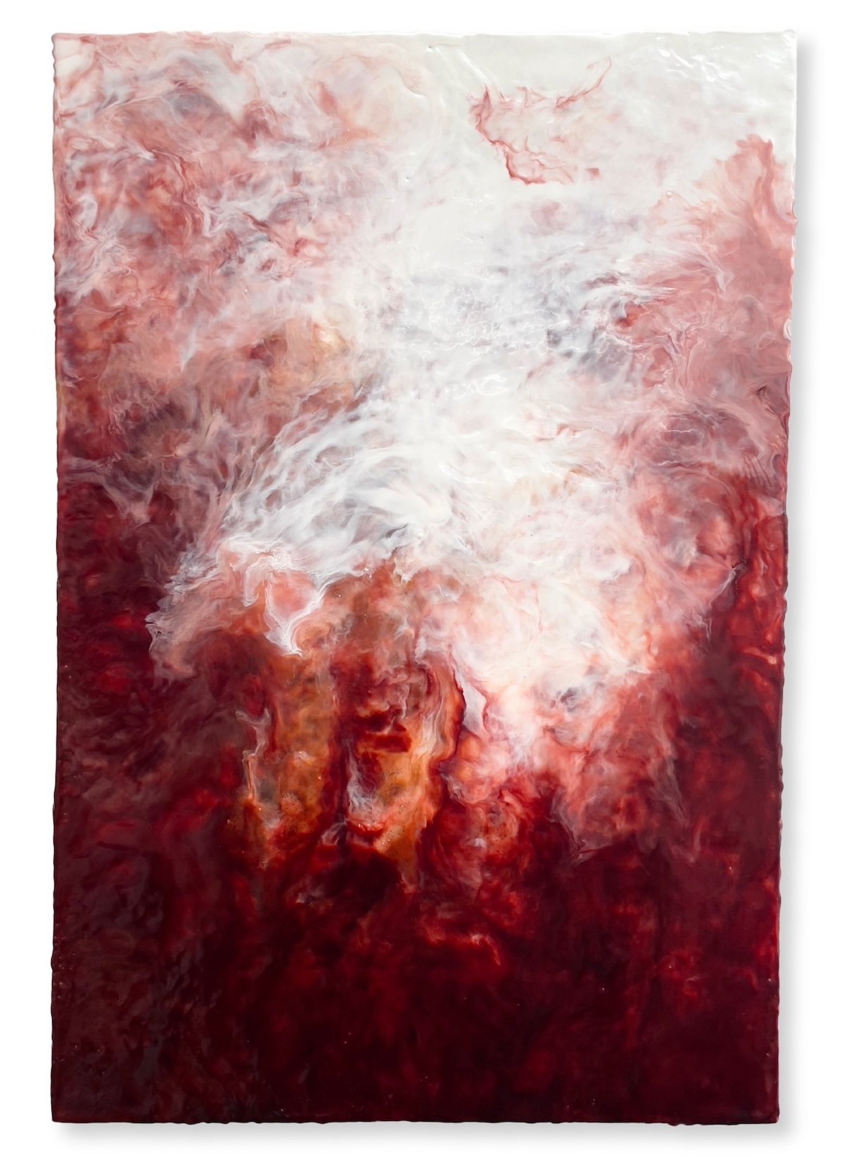'Rubedo I' (Encaustic wax, handmade madder lake pigment, red earth, mineral & lac pigment and traditional gesso on artist made cradled wood panel with cotton cloth), 60 x 40.5 x 2.5 cm / 23.62 x 15.94 x 0.98 in.