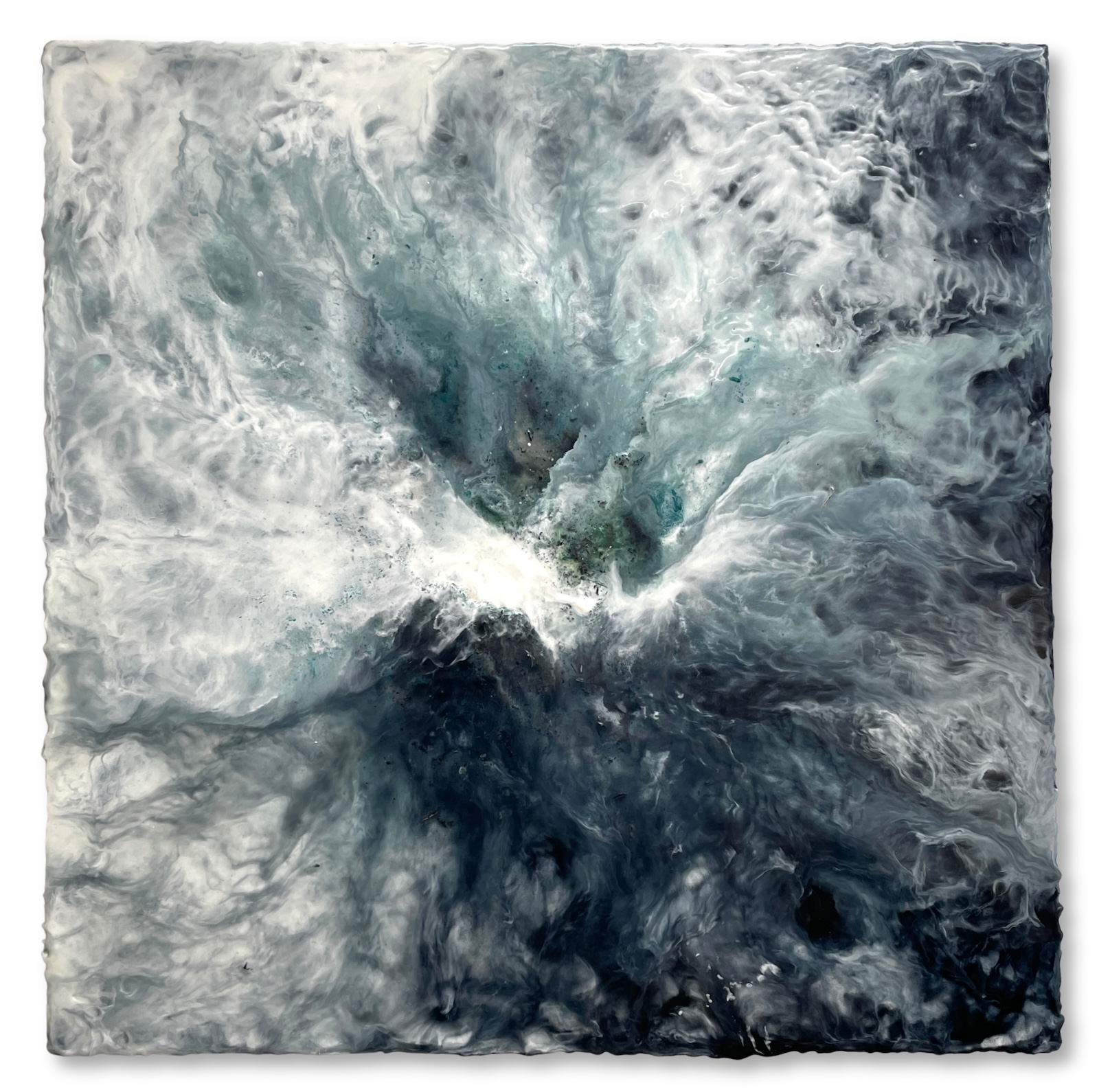 'Nigredo I' (Encaustic wax, mineral, indigo & verdigris pigment, dried indigo leaves and traditional gesso on artist made cradled wood panel with cotton cloth), 61 x 61 x 3 cm / 24.02 x 24.02 x 1.18 in