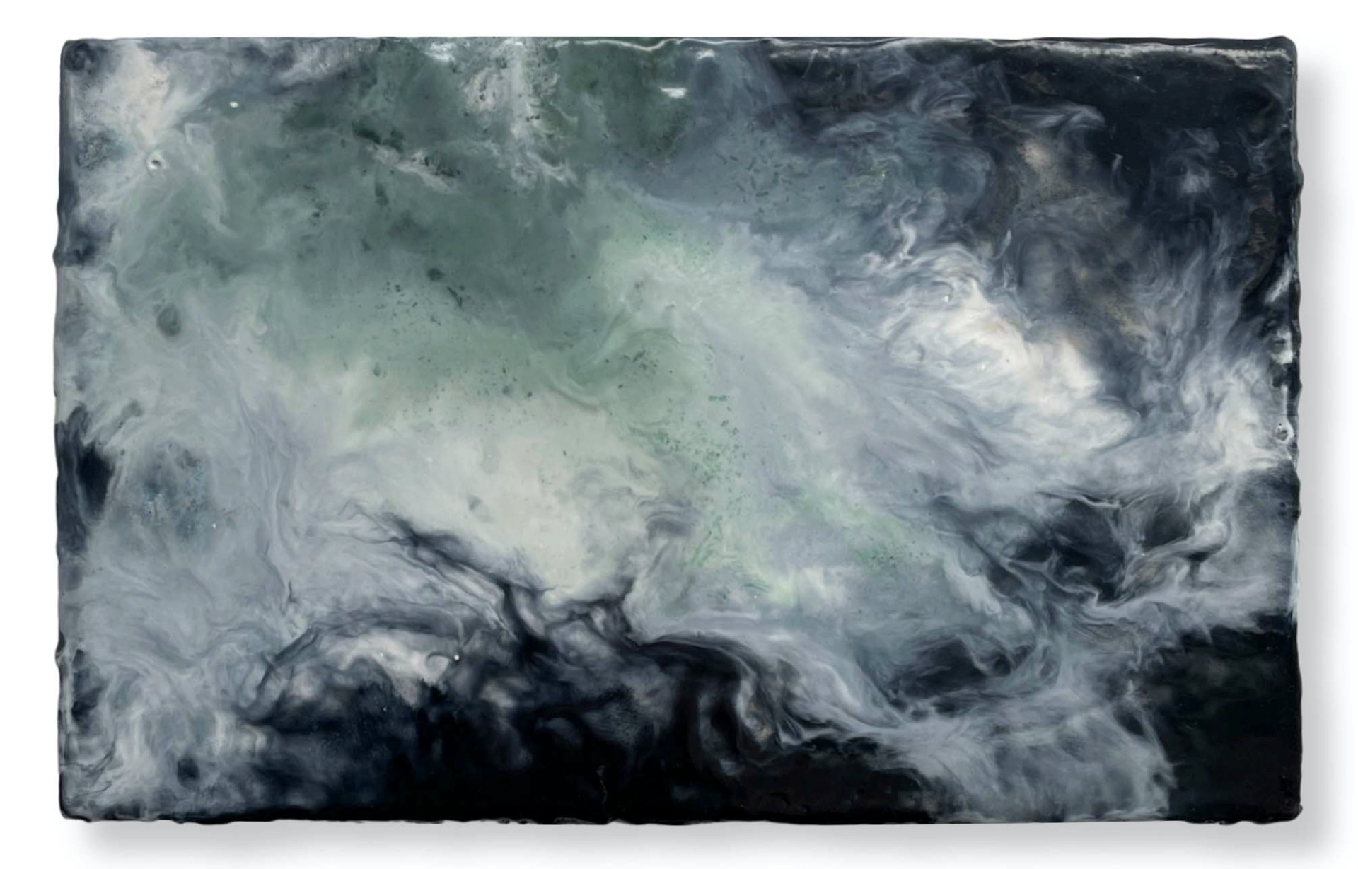 'Nigredo II' (Encaustic wax, mineral, indigo & verdigris pigment and traditional gesso on artist made cradled wood panel with cotton cloth), 20.0 x 31.5 x 3.0 cm / 7.87 x 12.40 x 1.18 in.