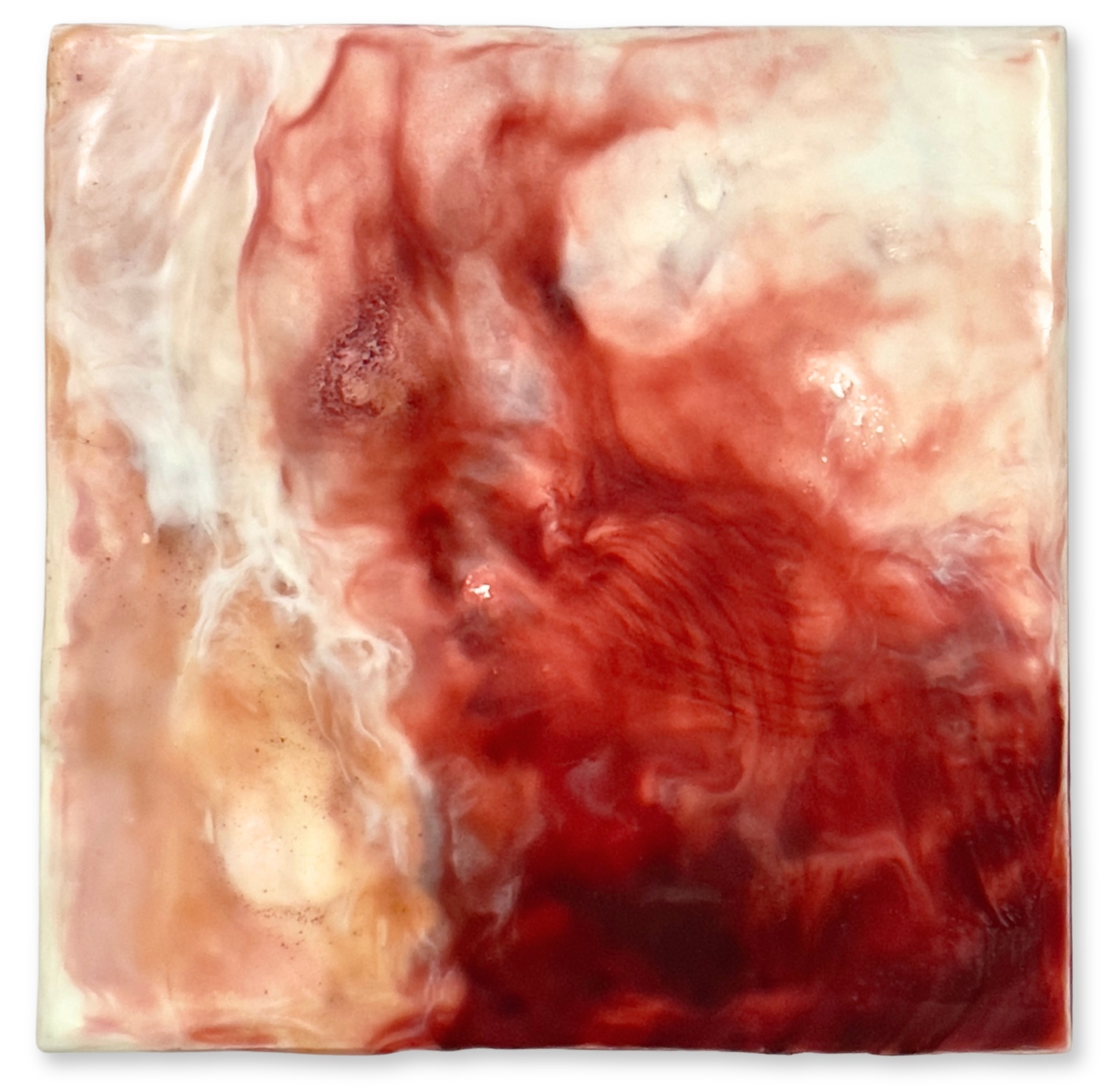 'Rubedo II' (Encaustic wax, handmade madder lake pigment, red earth, mineral & lac pigment and traditional gesso on artist made wood panel), 15 x 15 x 1 cm / 5.91 x 5.91 x 0.39 in.