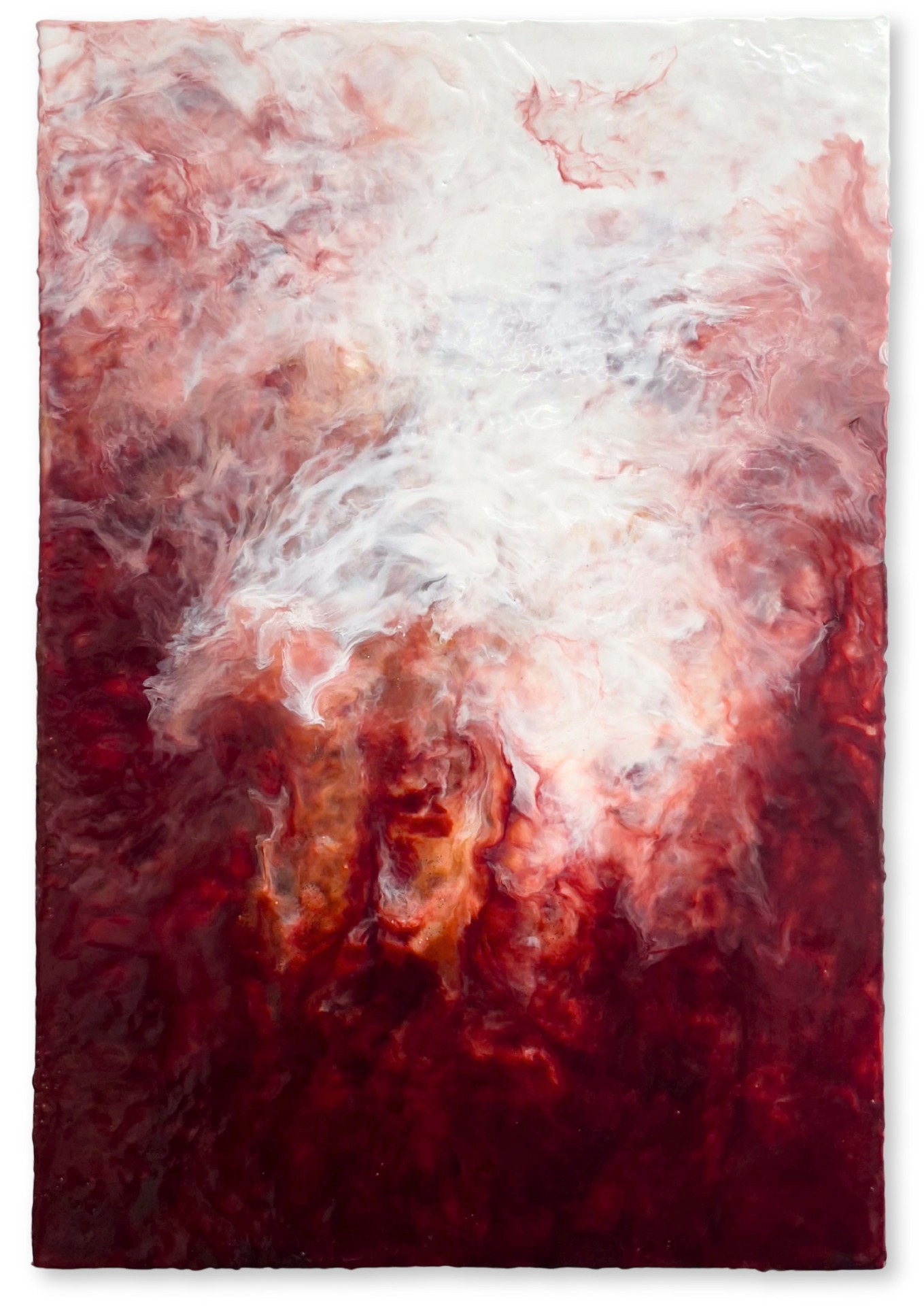 'Rubedo I' (Encaustic wax, handmade madder lake pigment, red earth, mineral & lac pigment and traditional gesso on artist made cradled wood panel with cotton cloth), 60 x 40.5 x 2.5 cm / 23.62 x 15.94 x 0.98 in.